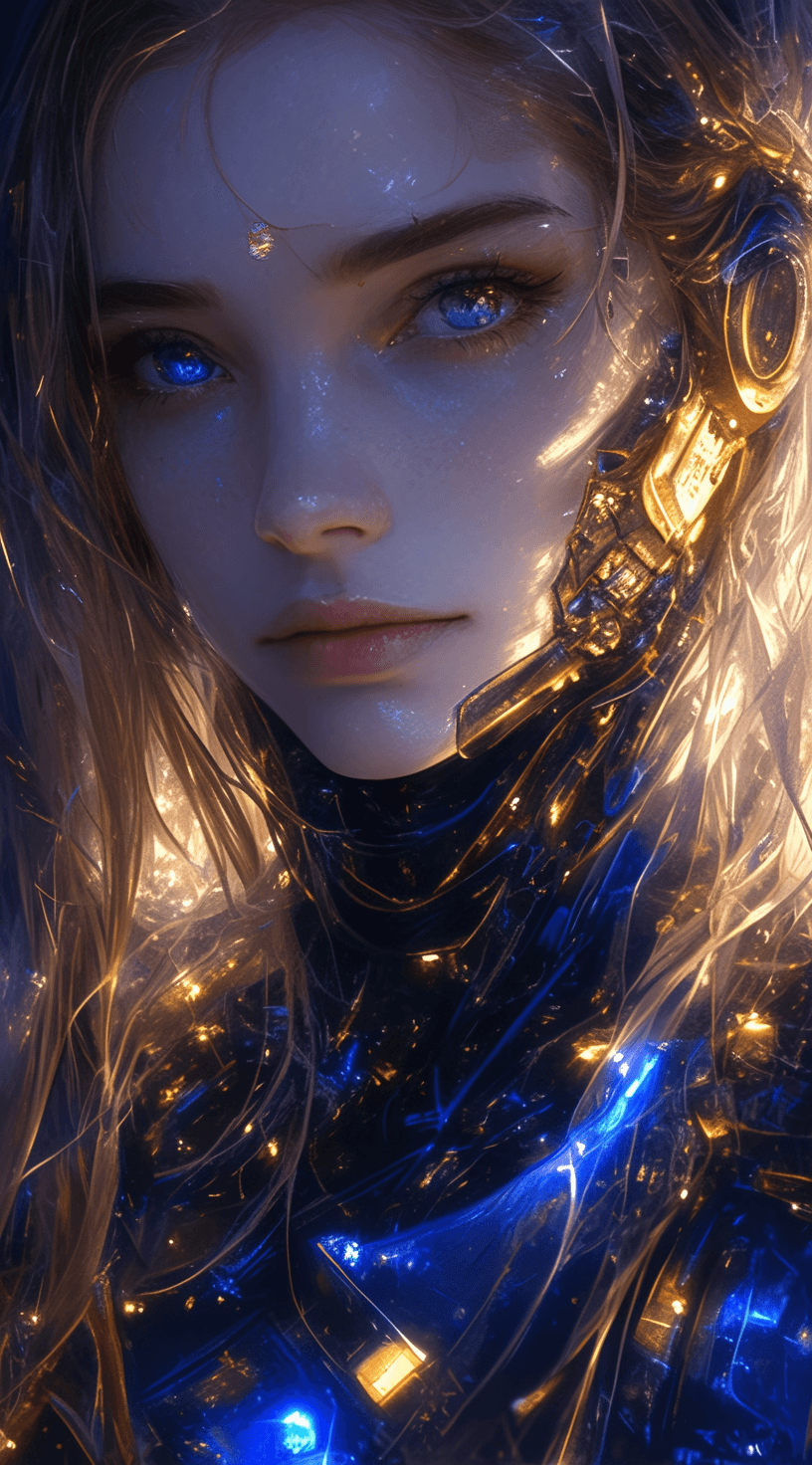 AI generated: digital art images of beautiful with good form woman in futuristic cybernetic armor, beautiful golde...