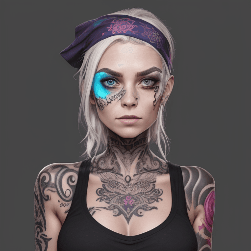 AI generated: verschiedene augenfarben, 8k, masterpice bodytattoo, bandana kopfbedeckung, scharfschütze, junge fra...