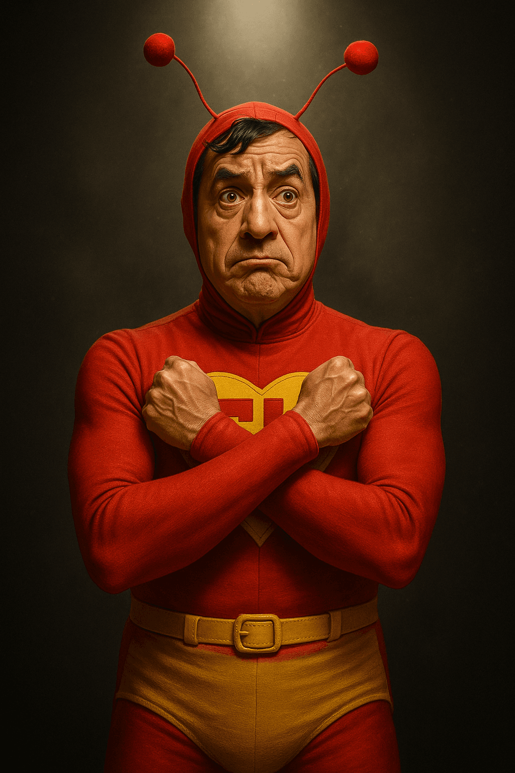 AI generated: A dramatic and stylized portrait of a fictional superhero inspired by “El Chapulín Colorado,” standi...