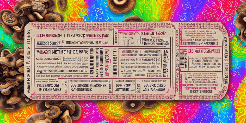 AI generated:  Hyper realistic printed ticket pdf, with name Miguel, with mushrooms, happiness, colorful; 8k, intr...