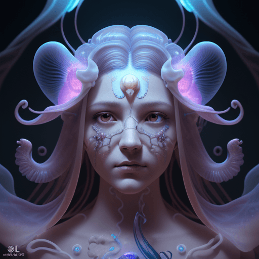 AI generated: Goddess close-up portrait ribcagel. jellyfish phoenix head, nautilus, orchid, skull, betta fish, bio...