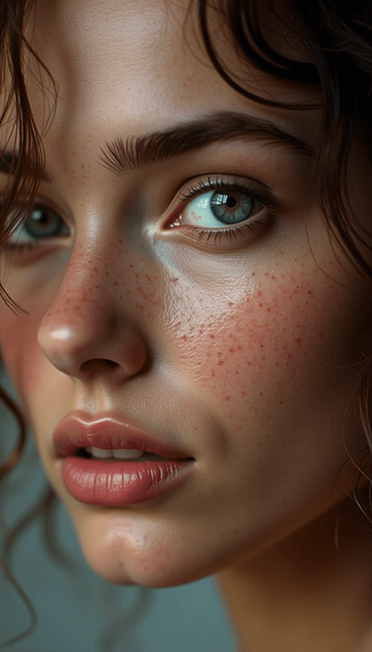 AI generated: A close-up shot of a woman's face, focusing on her left eye, cheek, and lips. She has smooth skin wi...