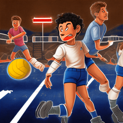 AI generated: 8 bit style, 8 bit poster, a dirty coal miner versus volleyball player, face to face, volleyball man...