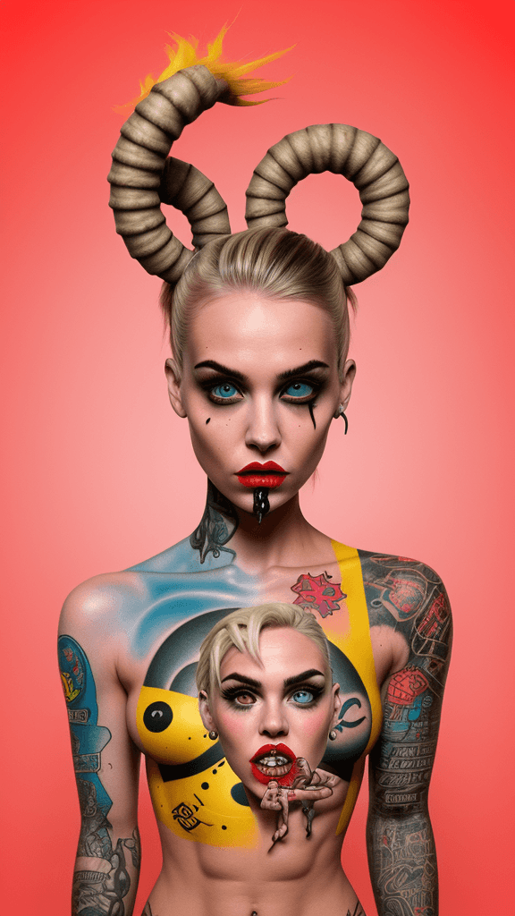 AI generated: twisted backdrop
shock
pop surrealism lowbrow art style
flawless tank girl 
asymmetrical anatomy
tat...