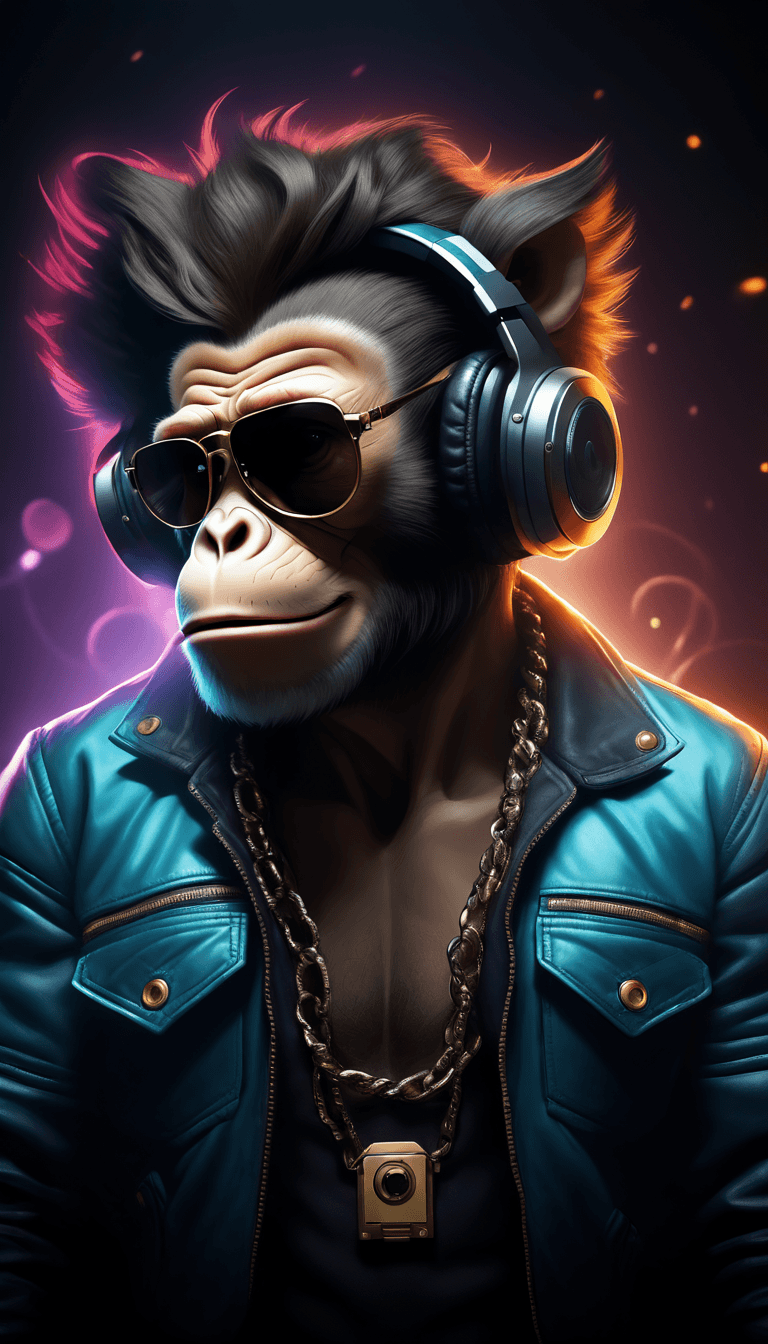 AI generated: The image features a monkey wearing a tosca jacket, a black shirt, and a pair of sunglasses. The mon...
