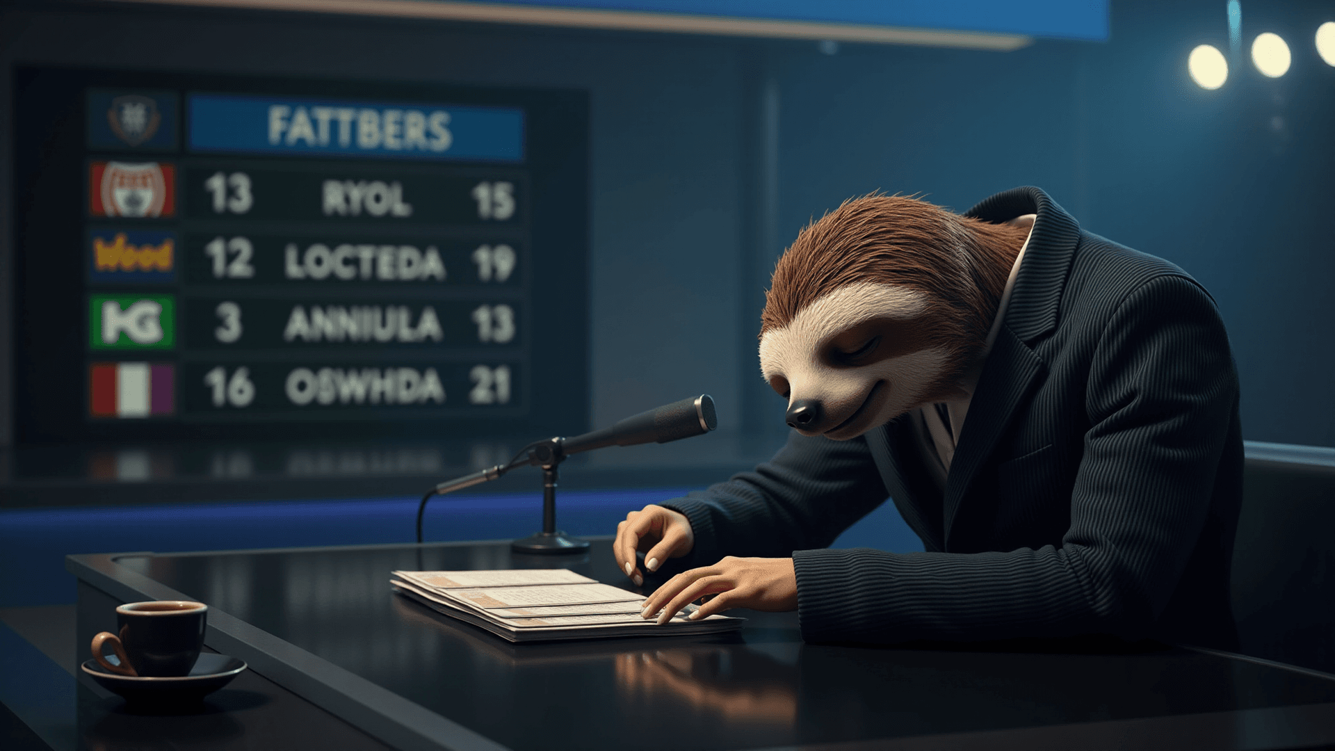 AI generated: A photorealistic masterpiece of a sleeping humanoid sloth acting as a news anchor, he fell asleep wh...
