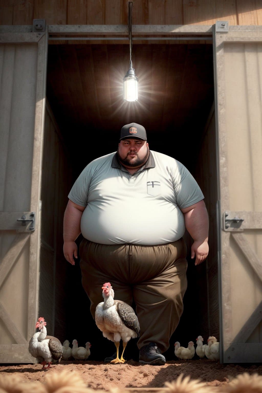 AI generated: Inside an industrial chicken coup, A fat boy looks terrified as hundreds of 6 foot tall ostrich like...
