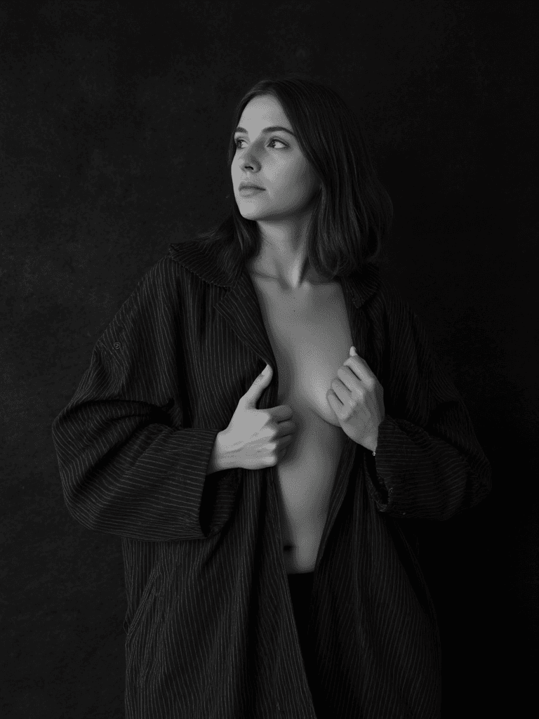 AI generated: A monochrome fine art portrait of a confident woman standing against a dark, textured background. Sh...