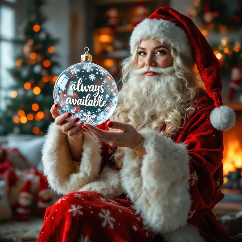 AI generated:  a real scene of female Santa Claus  sitting on a shelf with open legs. Santa Claus is holding a tra...