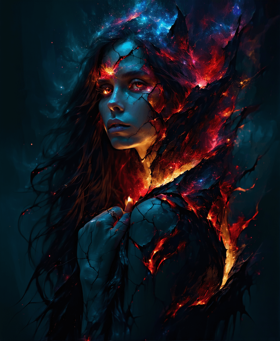 AI generated: photorealistic woman, half in shadow, half in flame, born, of sorrow, bound in darkness, death and s...