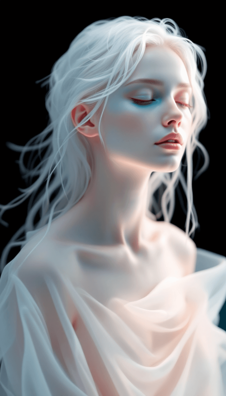 AI generated: An abstract figure with platinum blonde hair, which seems to be flowing like water. Her eyes are cal...