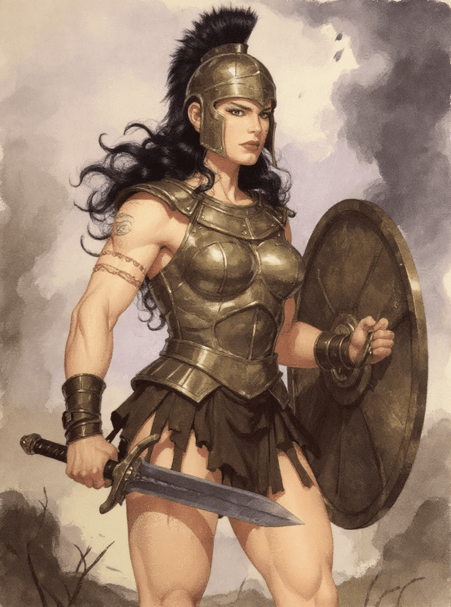 AI generated: Comic book realistic illustration, full body shot of a young gorgeous Spartan woman with thick aesth...