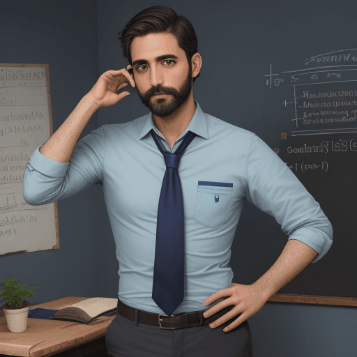 AI generated: profesor joven  si barba , con corbata , camisa celeste pantalon azul oscuro , que este de pie , y d...