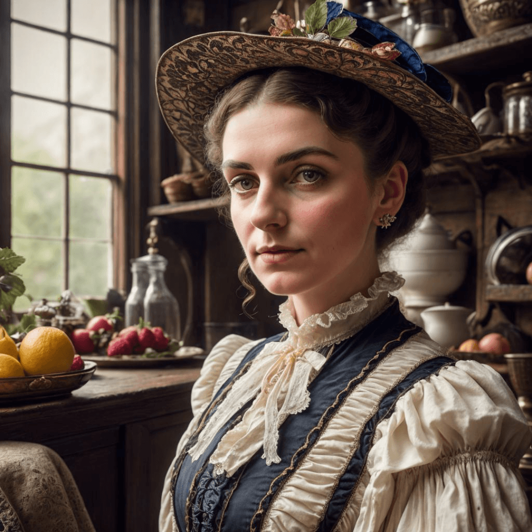 AI generated: victorian woman, victorian outfit, detailed face, close-up, antique kitchen setting with rustic furn...
