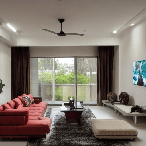 AI generated: Photo of a realistic living room of an Indian modern apartment overlooking street with one side as g...