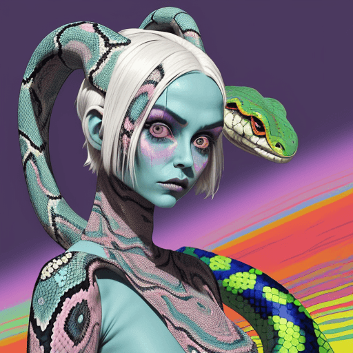 AI generated: A photograph of an Alien woman wrapped in colorful patterned cloth, with the head and body covered b...