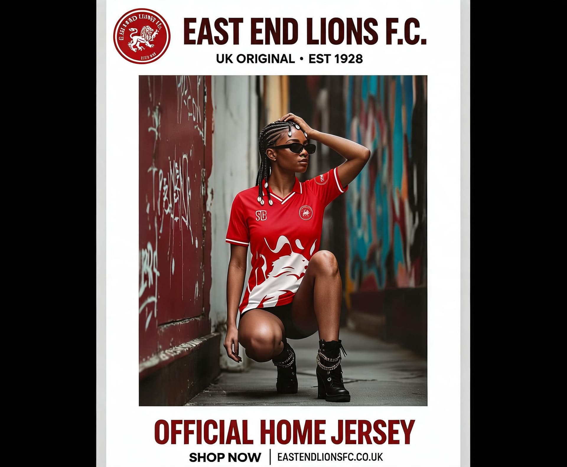 AI generated: 00% Original from the UK . East End Lions Jersey

generate a promotional flyer for the jersey