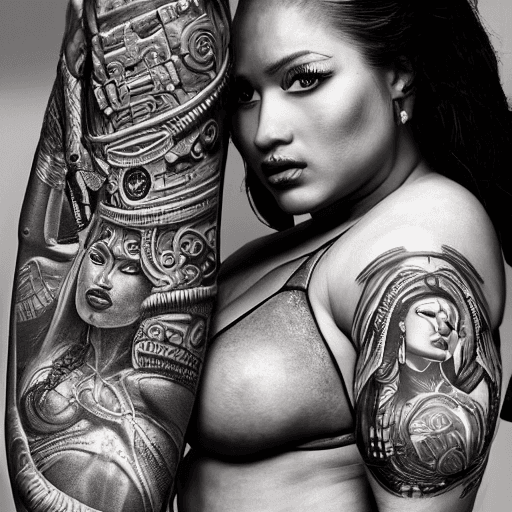AI generated: Beautifully, Sexy, voluptuous, Female Mayan warrior in cyberpunk style, body full of tattoos, large ...