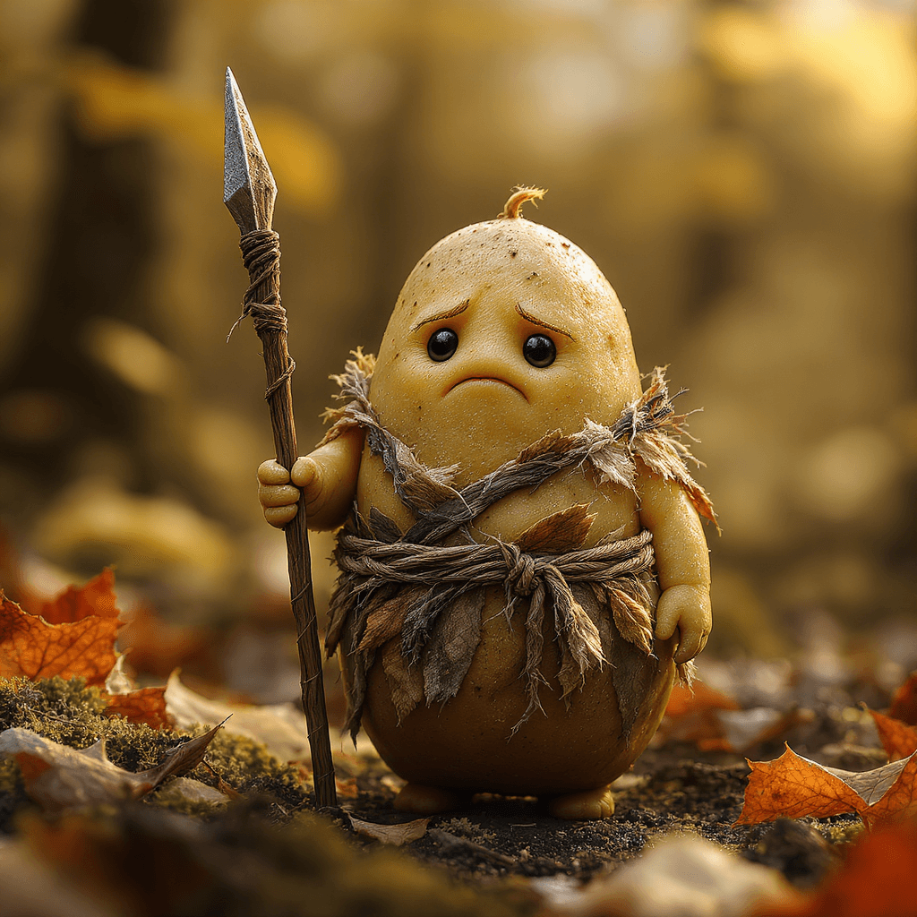 AI generated: 


“Hyperrealistic miniature potato lancer, knee-high, standing in a sun-dappled forest clearing....
