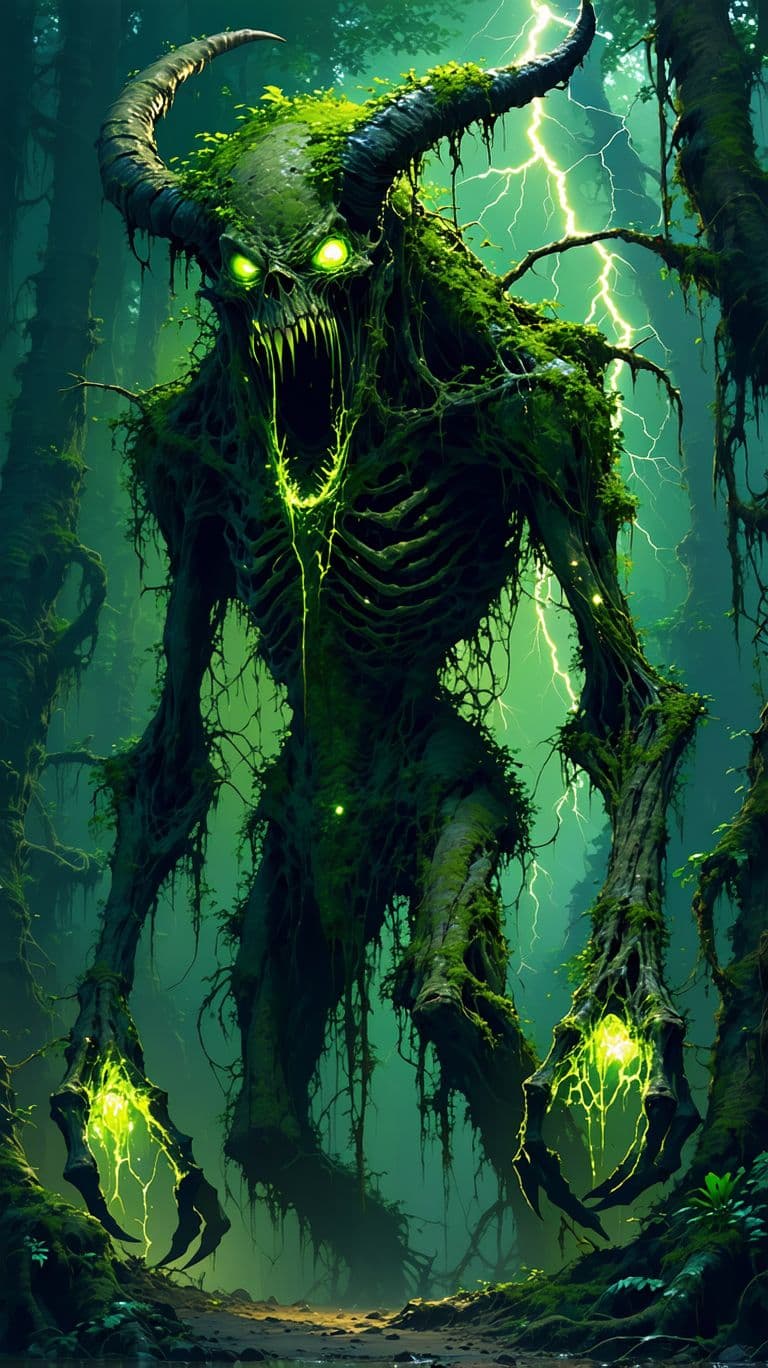 AI generated: "A monstrous, plant-infested demon covered in thick, rotting vines and glowing bioluminescent fungi ...