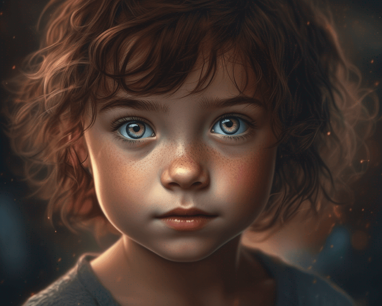 AI generated:  detailed and realistic (upper body portrait:1. 2) of a litte girl with a few (freckles:0. 8), round...
