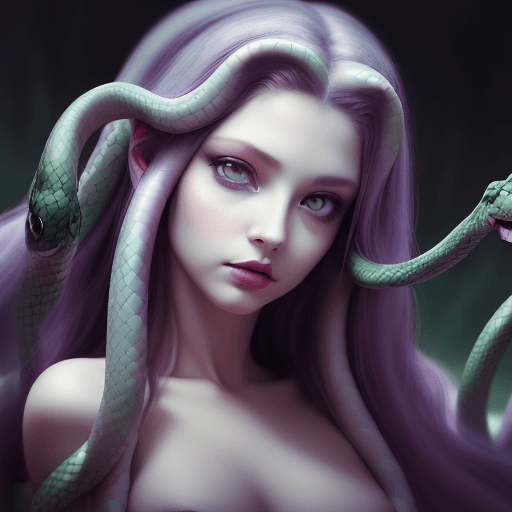 AI generated: seductive medusa with slithering snakes, gazing upon viewer's eyes, breasts exposed, close-up shot, ...
