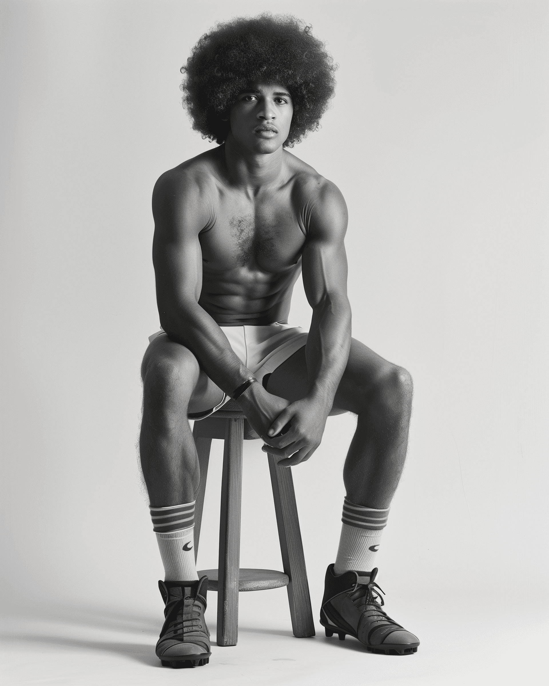 AI generated: A male model with an Afro, wearing shorts and rugby boots, poses for the camera. Sitting on a stool ...