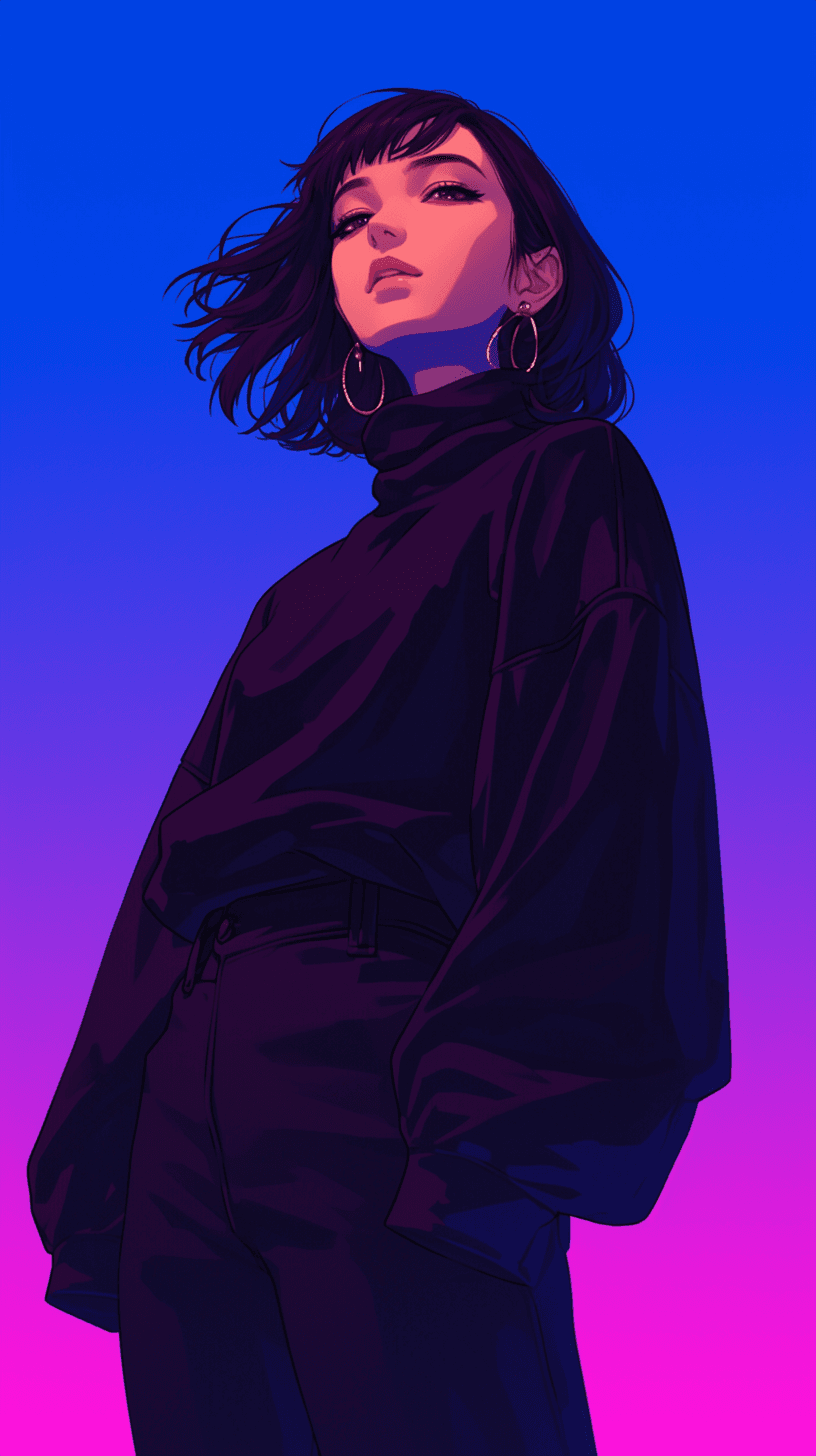 AI generated: Asian model, purple and blue background, black clothes --ar 9:16 --s 250