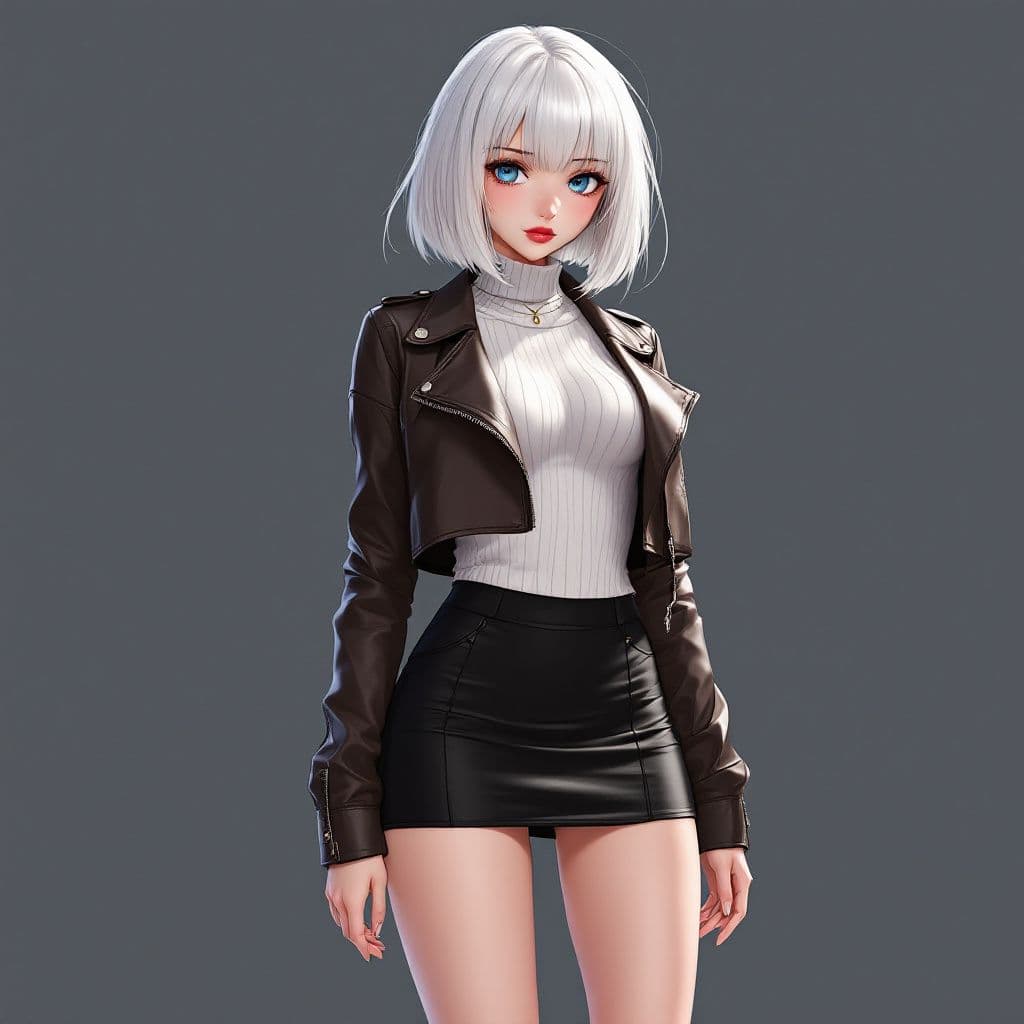 AI generated: anime, woman, white hair, bob cut, straight bangs, blue eyes, red lips, white sweater, tight sweater...
