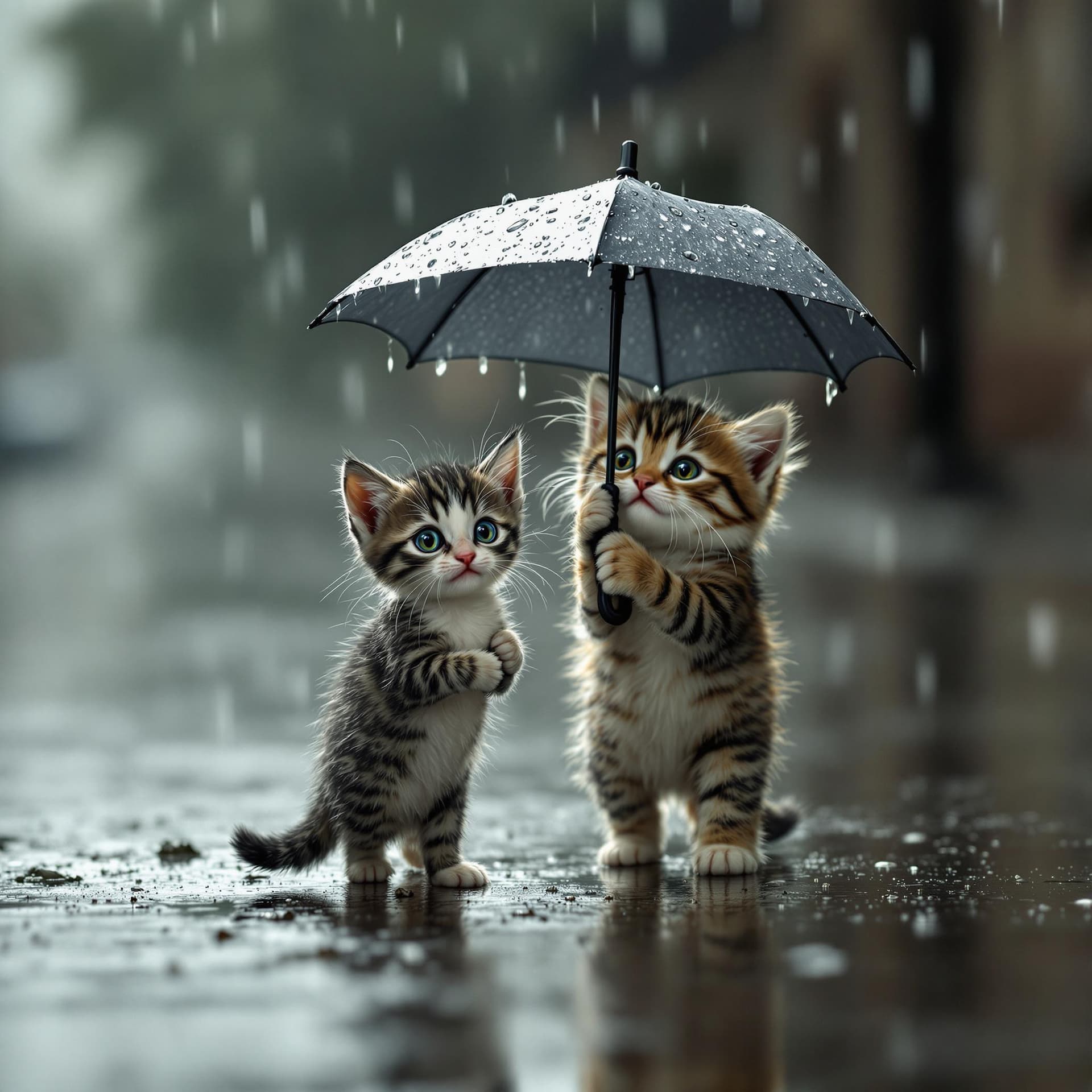 AI generated: A small, black-and-white spotted kitten walks alone in the rain, its fragile body drenched as water ...