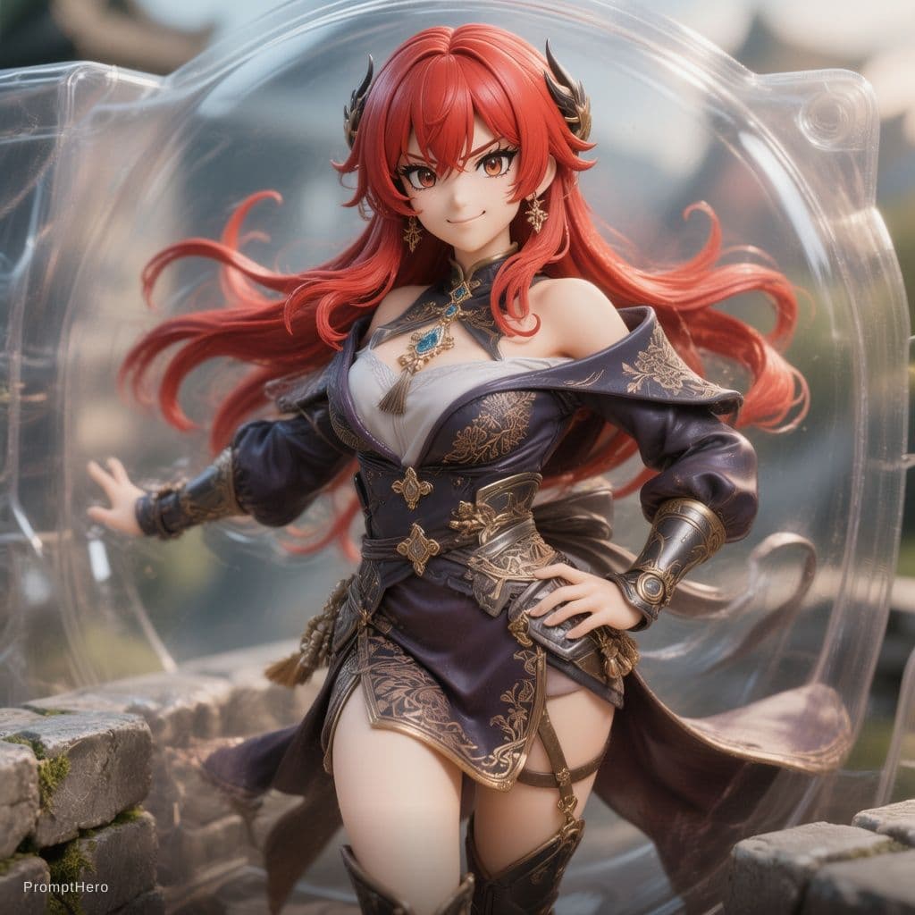 AI generated: A fierce and confident anime-style female character with striking long red hair, standing on a stone...