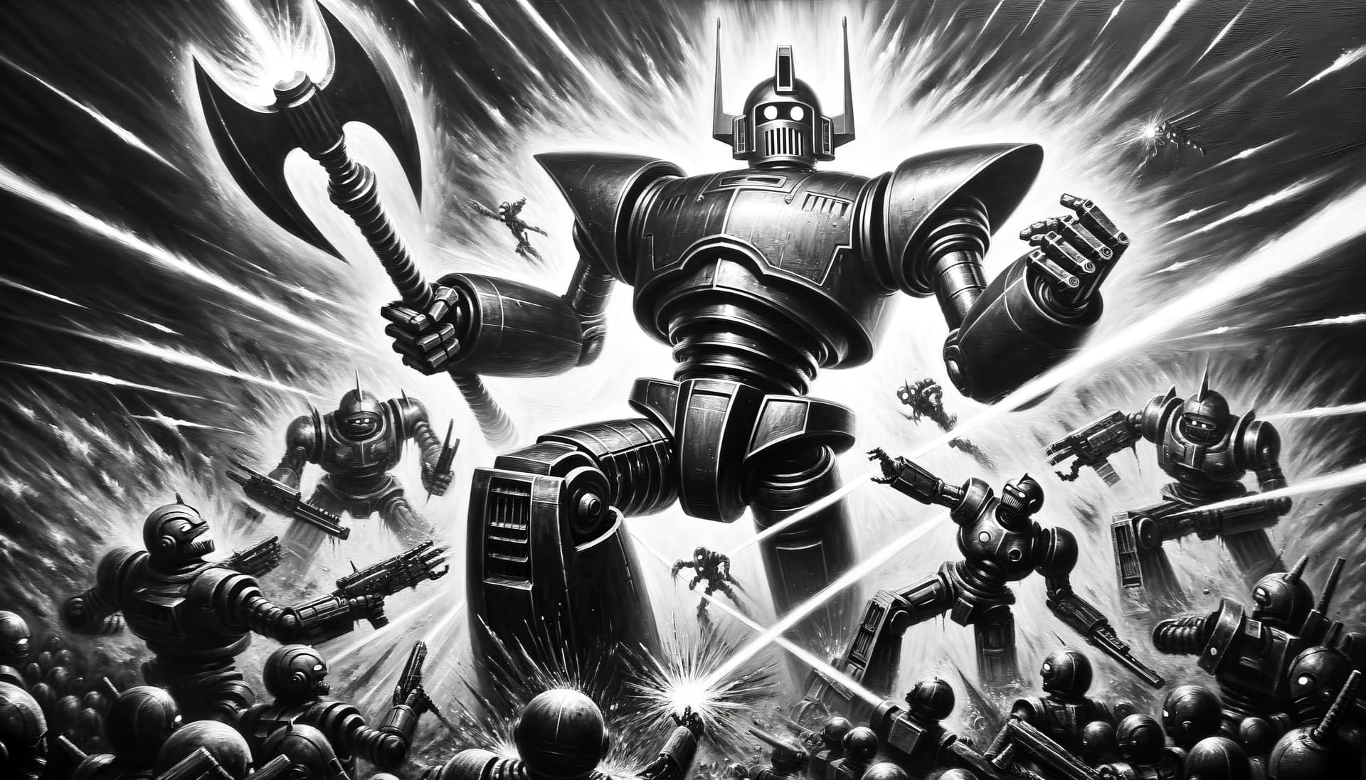 AI generated: Black and white oil painting capturing an epic battle scene. The robot, bearing similarities to Gren...