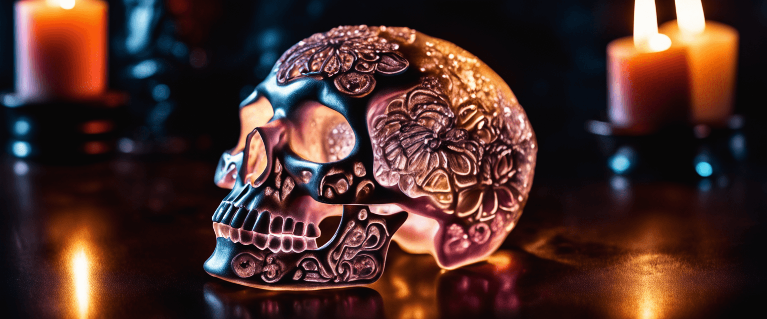 AI generated: Photograph of A crystal skull surrounds by Roses, lit by candlelight, (gloomy illumination, insane, ...