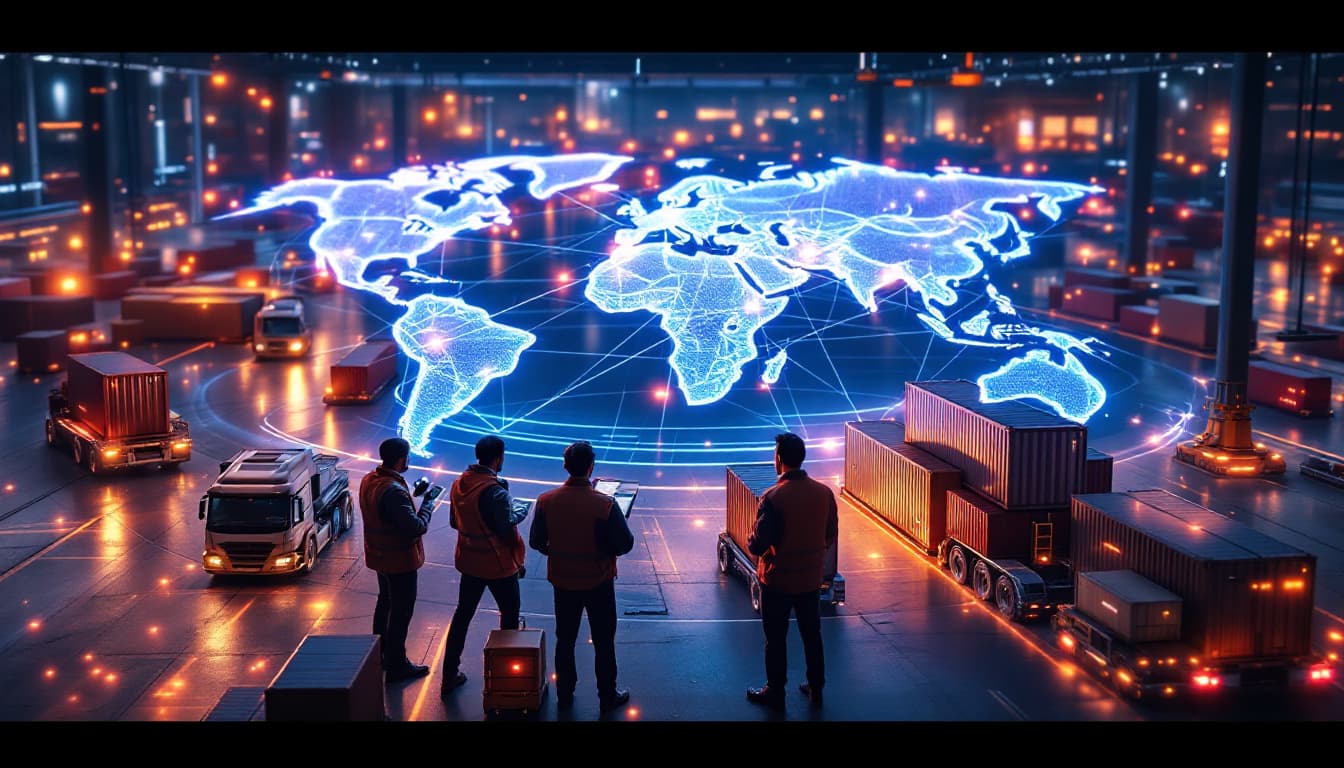 AI generated: /imagine prompt: AI-optimized global logistics hub, autonomous vehicles moving containers with milli...