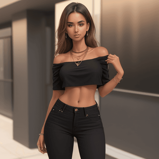 AI generated: Beautiful girl wearing a black crop top, jeans, necklace, tan skin, perfect figure.