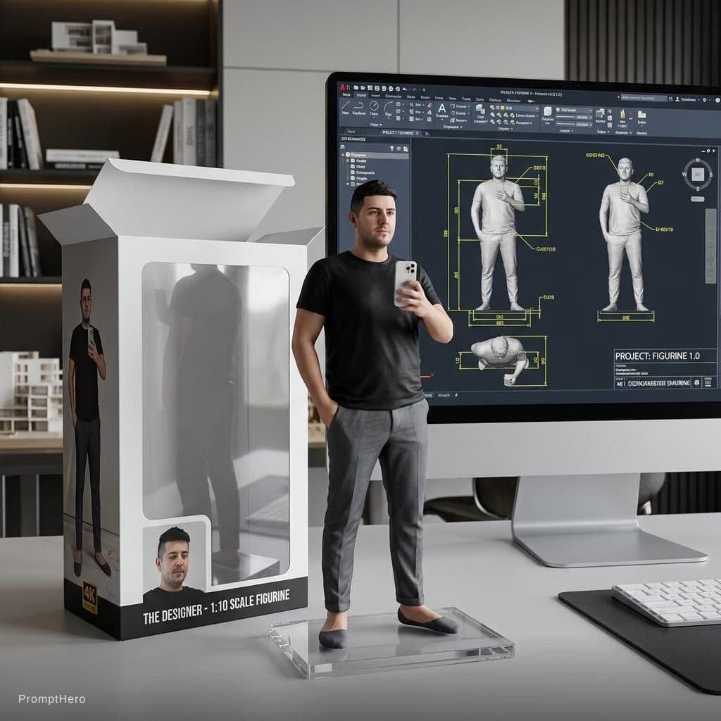 AI generated: Transforming the photographed person into a realistic 3D figurine in front of a computer desk. The c...