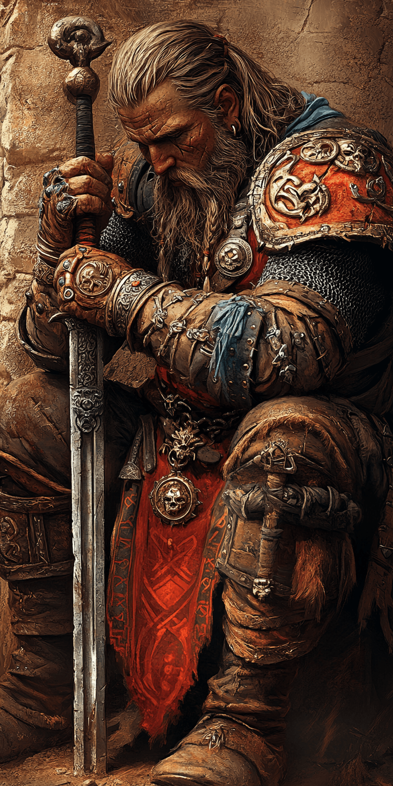 AI generated: World of Warcraft illustration of a large viking character with swords, dark bronze and red, crumple...
