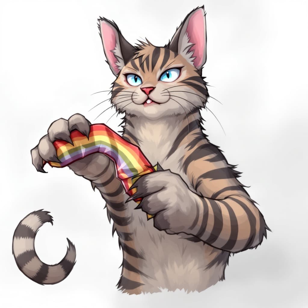 AI generated: gay, furry, nsfw, anthropomorphic, feline, cat, brown fur, striped fur, blue eyes, ears with tuff, l...
