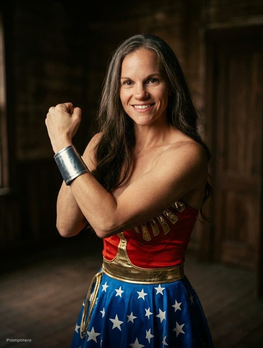 AI generated: 1980's Wonder Woman costume, woman resembling Lynda Carter, striking a heroic pose, dark room ambian...