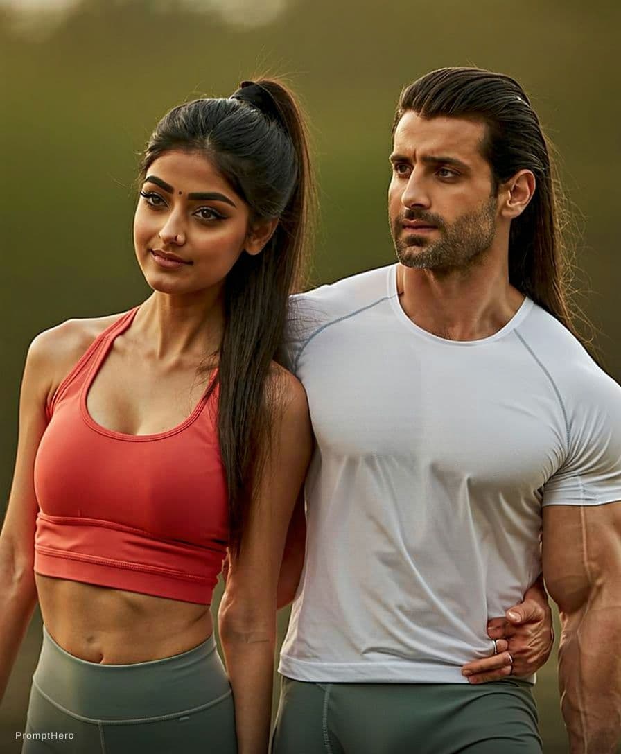 AI generated: Ultra-realistic cinematic photo of a young athletic indian couple  in her early twenties with slight...