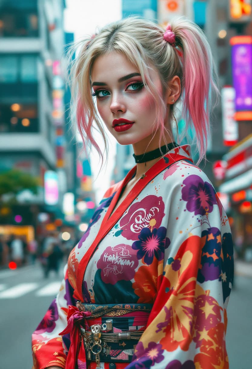 AI generated: Harley Quinn, in her iconic stance at an intersection, dons a kimono, a blend of ancient Japanese in...
