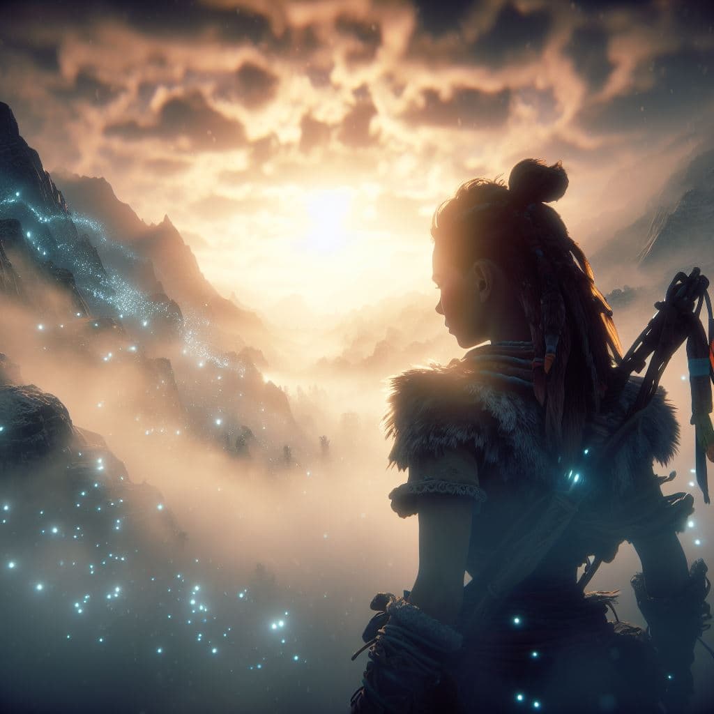 AI generated: aloy,Horizont zero dawn,photorealistic, glow,misty, very high detailed, cinematic scene, robot anima...