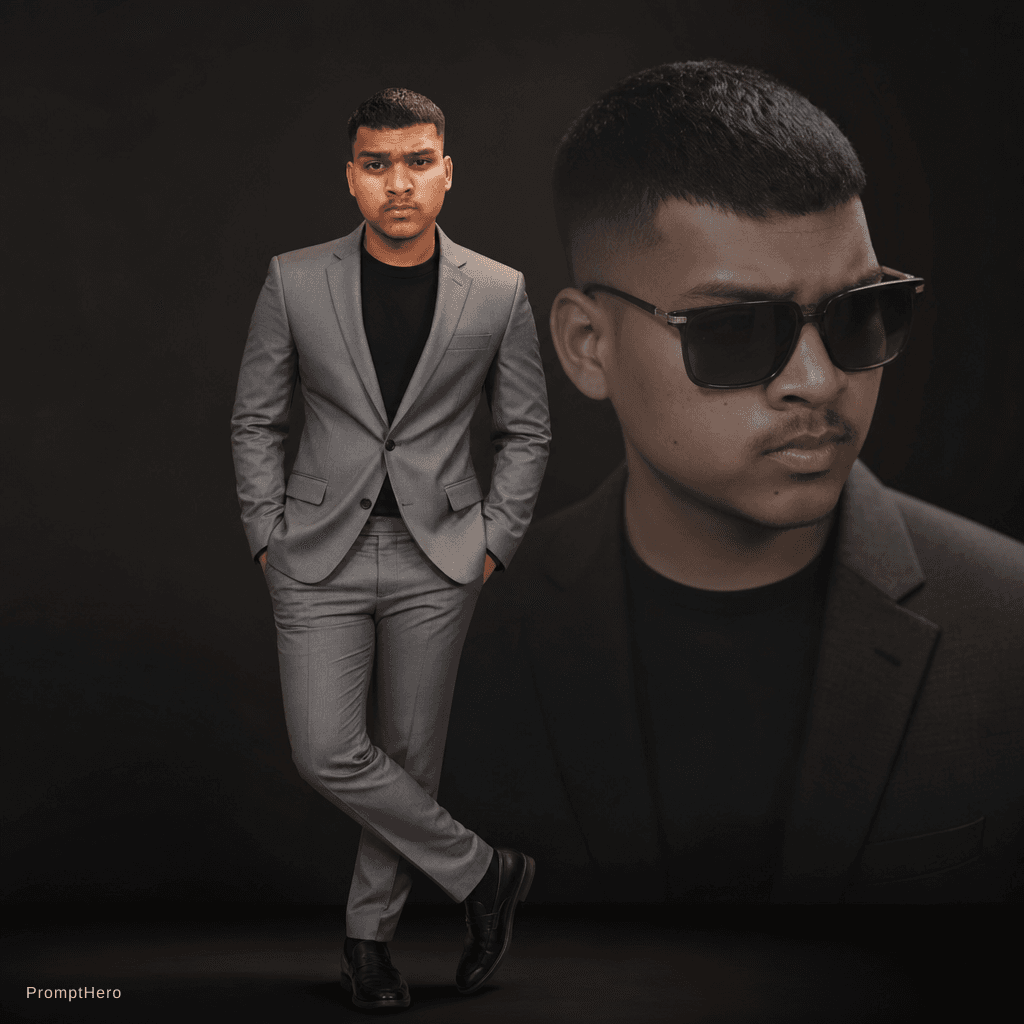 AI generated: "A stylish young man wearing a modern slim-fit grey suit with a black t-shirt inside, standing confi...