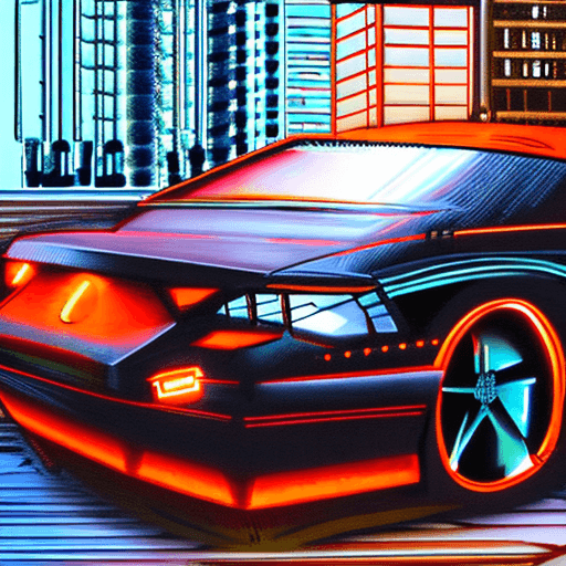 AI generated: wide angle action shot of a cyberpunk neon glowing orange acura rsx in beautiful fantasy cyberpunk c...