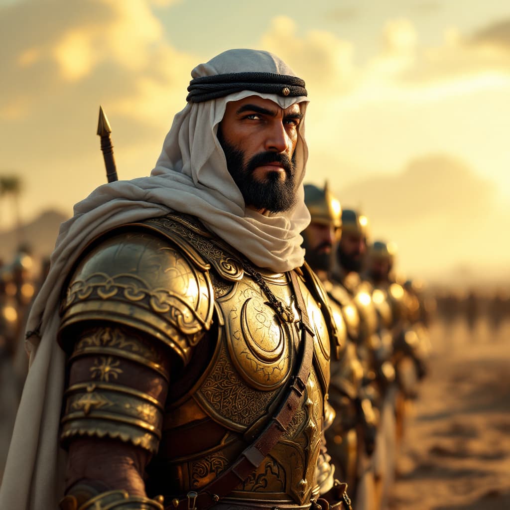 AI generated: 
Photorealistic photo of the armor and helmet of an Arab warrior, featuring traditional Arabian desi...