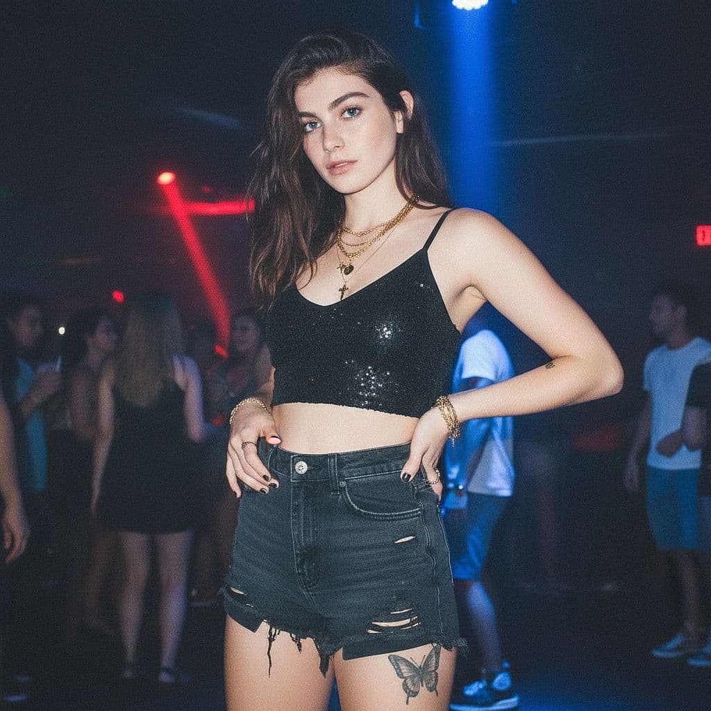 AI generated: Pic of her in the club in her clubbing outffit, pose and fit matching the location. camera grain sim...
