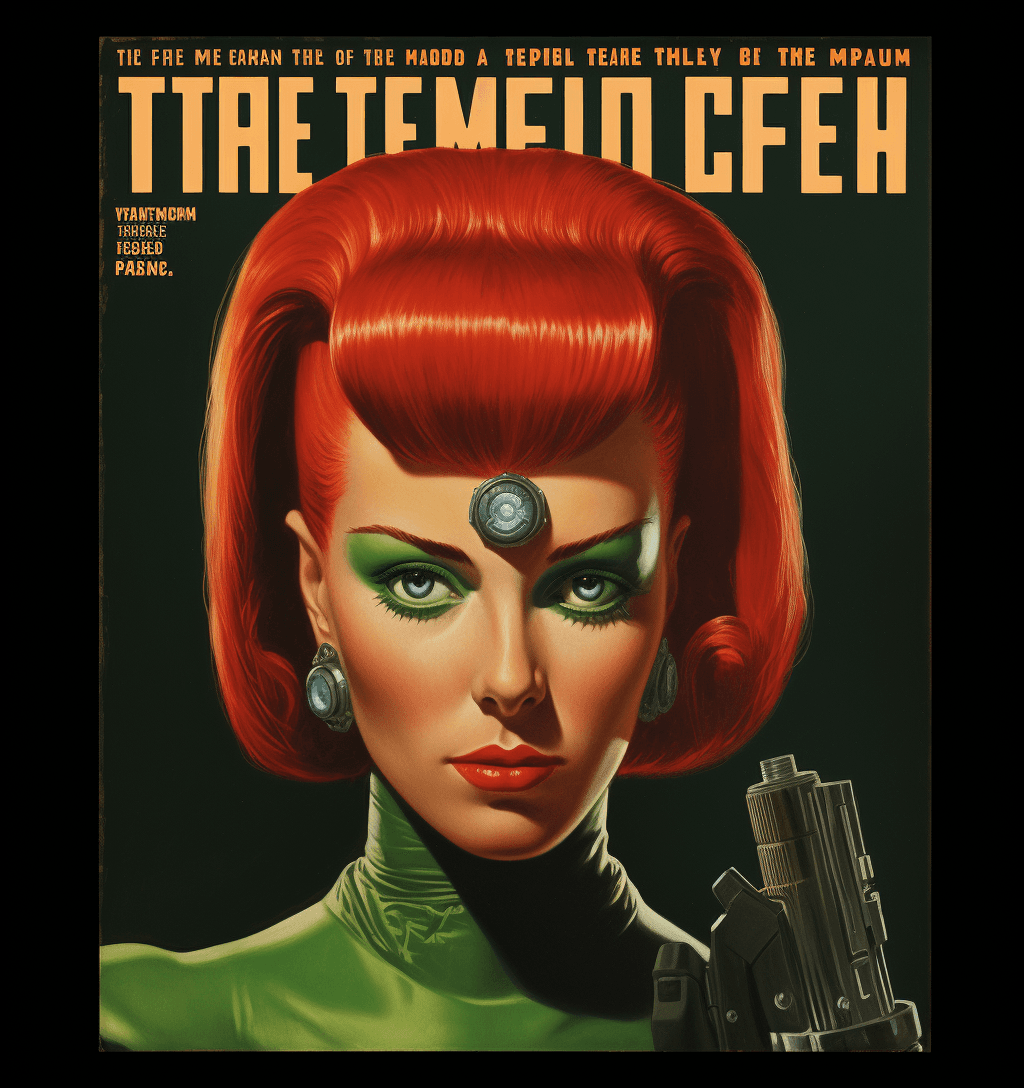 AI generated: A woman with red hair and one eye, half of her face is a skull like in the style of Terminator, she ...