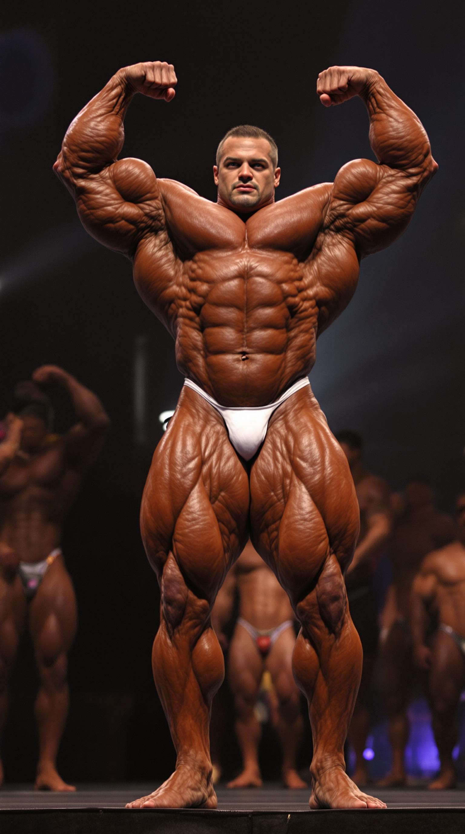 AI generated: A grotesquely massive super-heavyweight IFBB Pro bodybuilder in his early 30s is actively hitting th...
