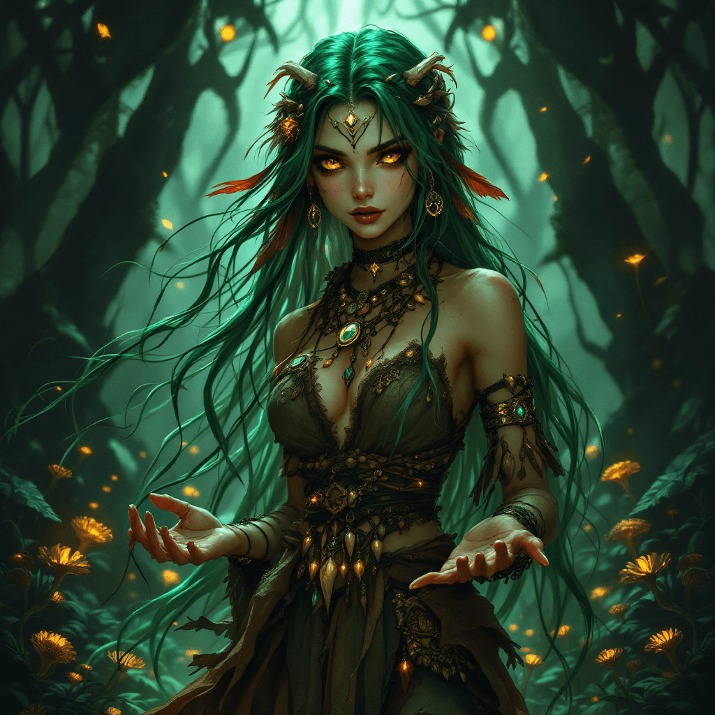 AI generated: The Occult Shaman of the Cursed Lands: An enigmatic healer and sorceress with long, flowing, emerald...