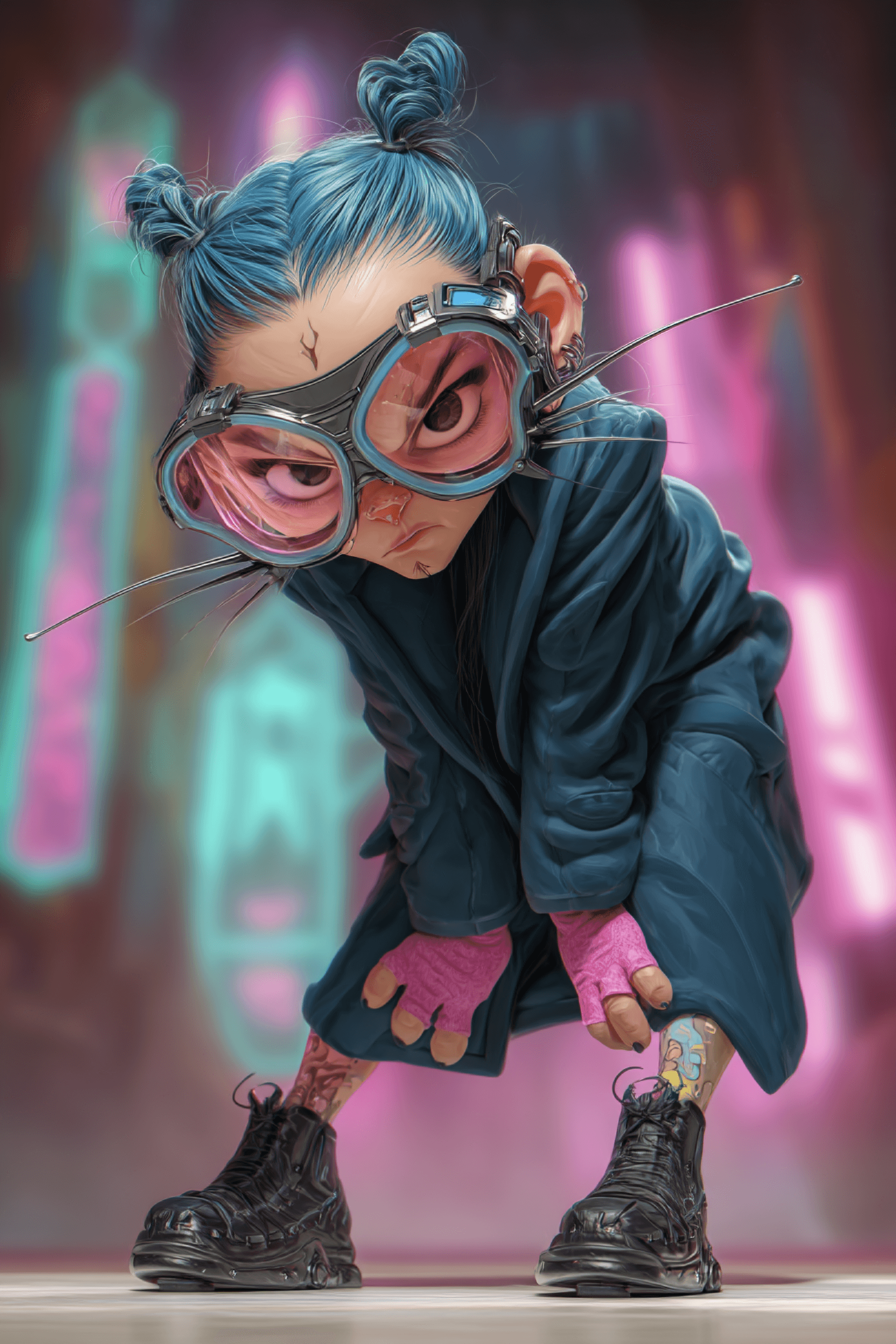 AI generated: funny caricature, futuristic cat-girl caricature, young asian female, 22 years old, blue hair, whisk...